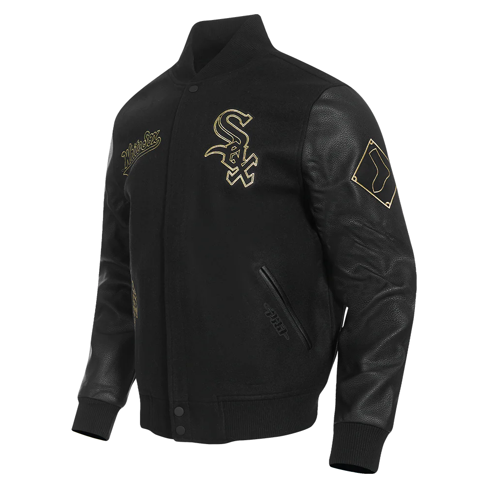 MLB CHICAGO WHITE SOX BLACK & GOLD MEN'S WOOL VARSITY JACKET (JET BLACK) - Image 2