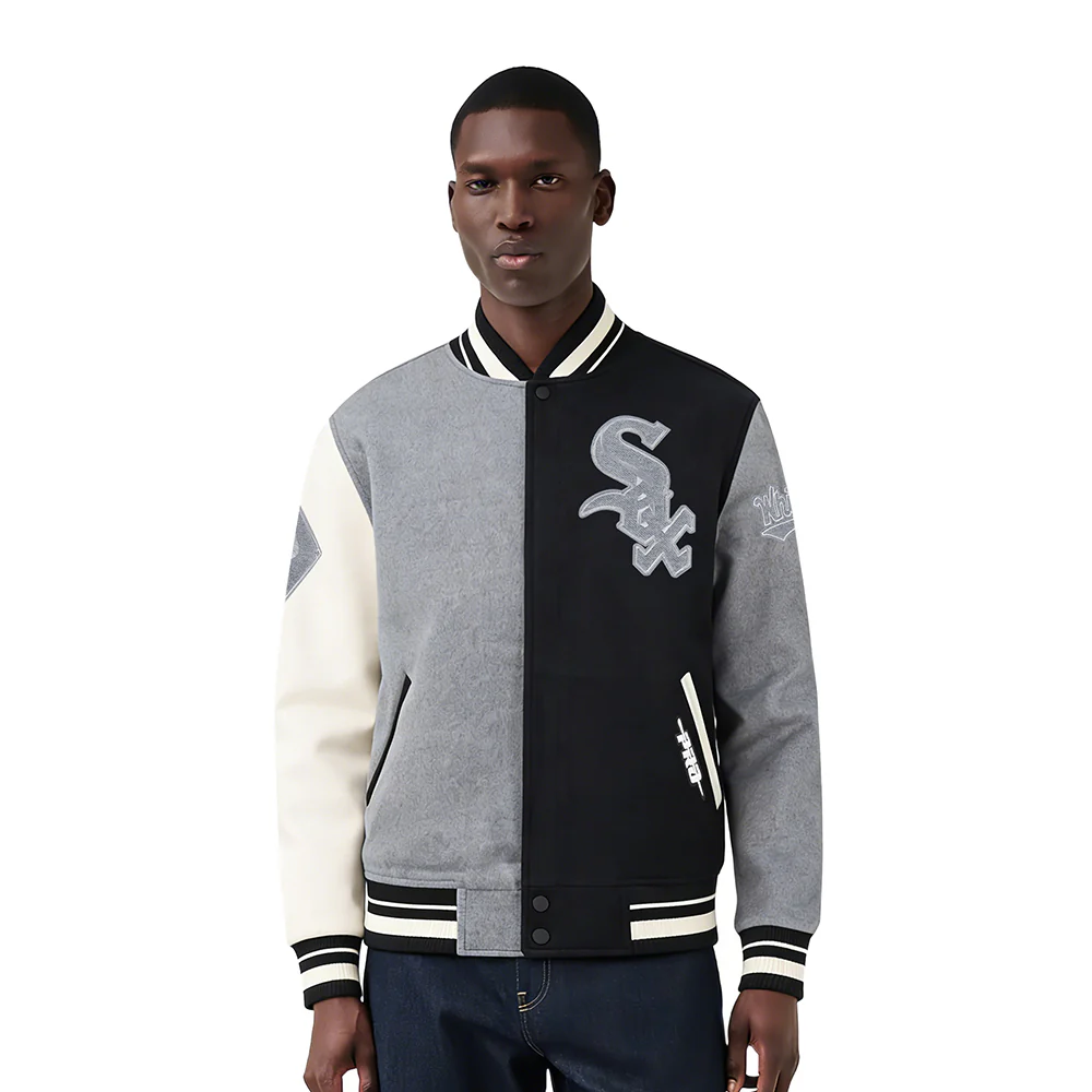 MLB CHICAGO WHITE SOX REVERSE FRENCH TERRY MEN'S CB WOOL VARSITY JAC (BLACK/GRAY/EGGSHELL)