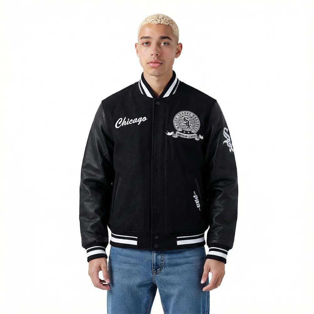MLB CHICAGO WHITE SOX TEAM BADGE MEN'S RIB WOOL VARSITY JACKET (BLACK/GRAY)