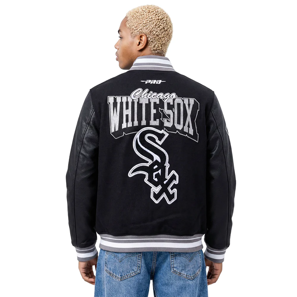 MLB CHICAGO WHITE SOX TEAM BADGE MEN'S RIB WOOL VARSITY JACKET (BLACK/GRAY) - Image 2
