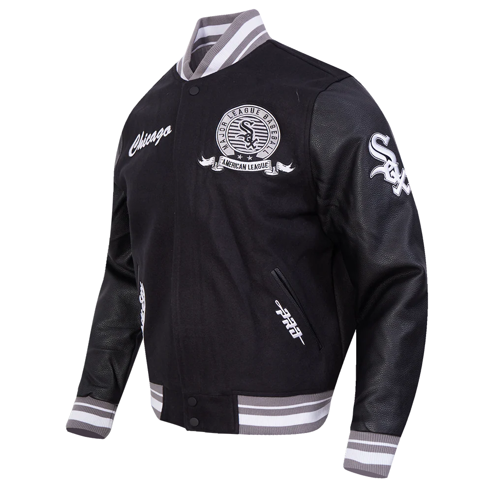 MLB CHICAGO WHITE SOX TEAM BADGE MEN'S RIB WOOL VARSITY JACKET (BLACK/GRAY) - Image 3