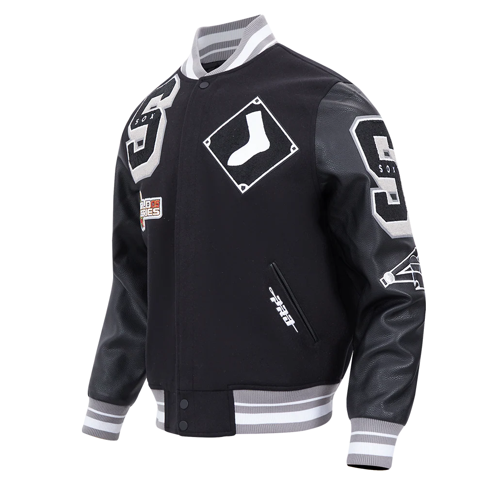 MLB CHICAGO WHITE SOX MASHUP MEN'S RIB WOOL VARSITY JACKET (BLACK/GRAY) - Image 2
