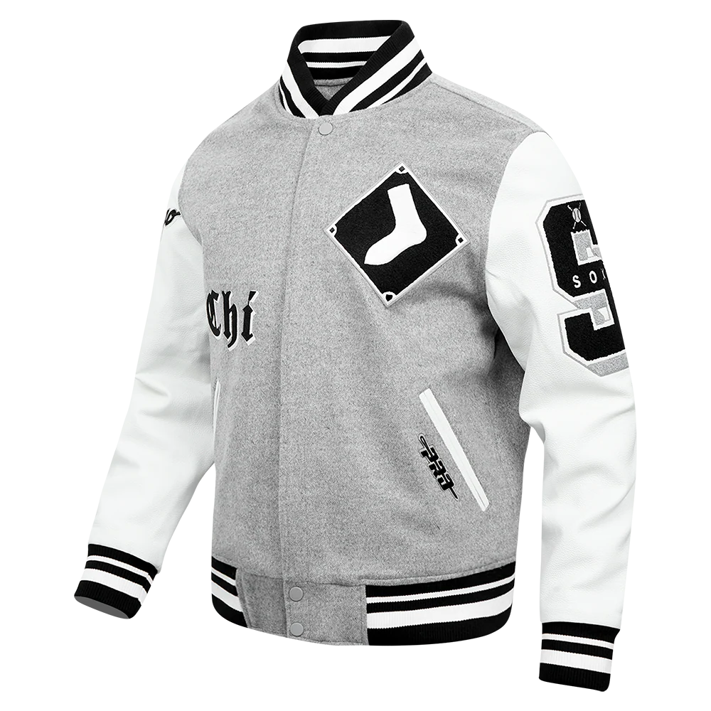 MLB CHICAGO WHITE SOX OLD ENGLISH MEN'S RIB WOOL VARSITY JACKET (HEATHER GREY/WHITE/BLACK) - Image 2