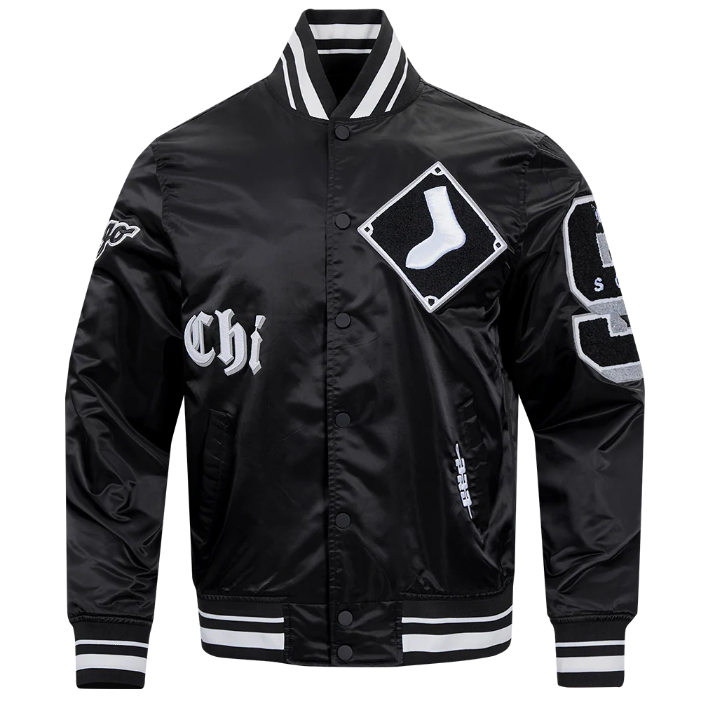 MLB CHICAGO WHITE SOX OLD ENGLISH MEN'S SATIN JACKET (BLACK)