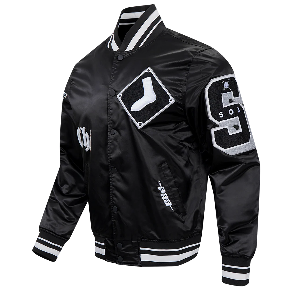 MLB CHICAGO WHITE SOX OLD ENGLISH MEN'S SATIN JACKET (BLACK) - Image 2