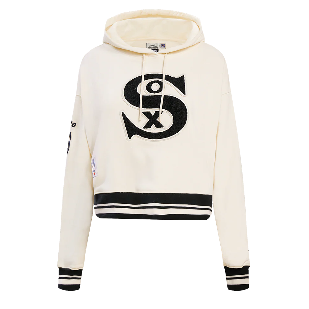 MLB CHICAGO WHITE SOX WOMEN'S RETRO CLASSIC WOMEN'S RIB CROPPED PULLOVER HOODIE (EGGSHELL/BLACK)