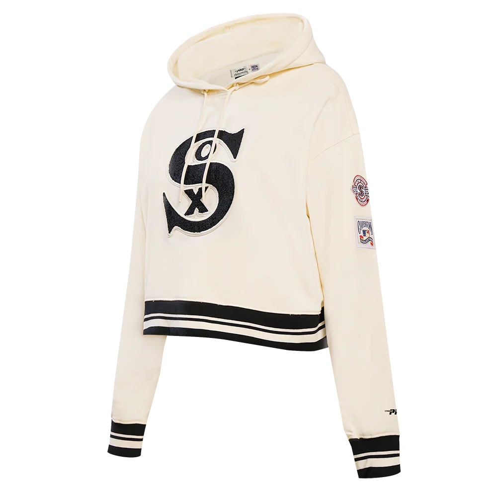 MLB CHICAGO WHITE SOX WOMEN'S RETRO CLASSIC WOMEN'S RIB CROPPED PULLOVER HOODIE (EGGSHELL/BLACK) - Image 2