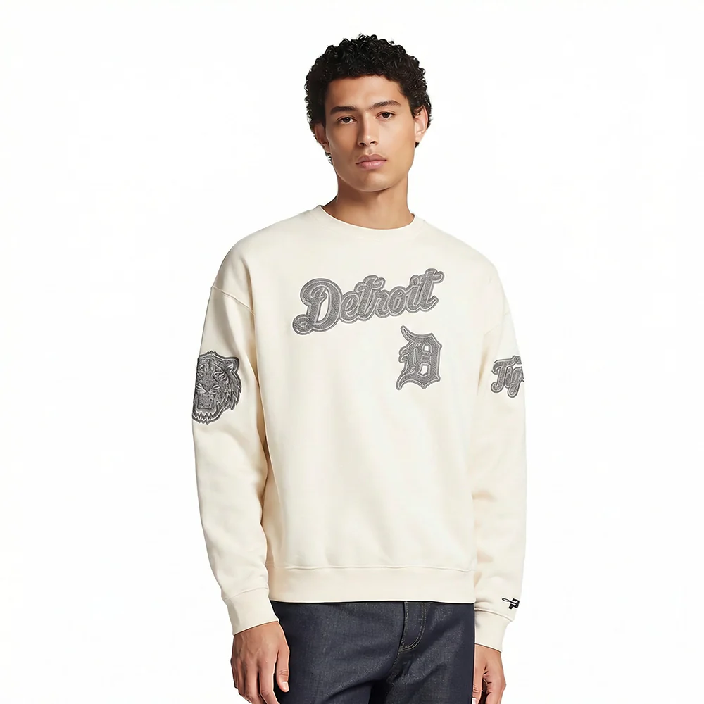 MLB DETROIT TIGERS REVERSE FRENCH TERRY MEN'S DROP SHOULDER FLEECE CREWNECK (EGGSHELL)