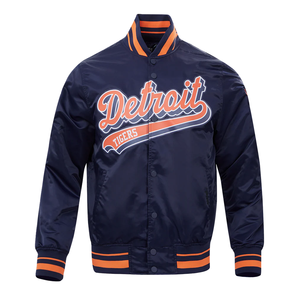 MLB DETROIT TIGERS SCRIPT TAIL MEN'S SATIN JACKET (MIDNIGHT NAVY/ORANGE/MIDNIGHT NAVY)