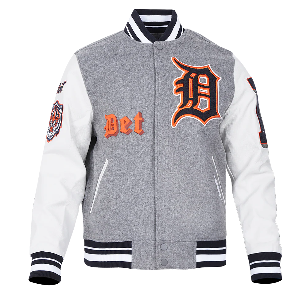 MLB DETROIT TIGERS OLD ENGLISH MEN'S RIB WOOL VARSITY JACKET (HEATHER GREY/WHITE/MIDNIGHT NAVY)