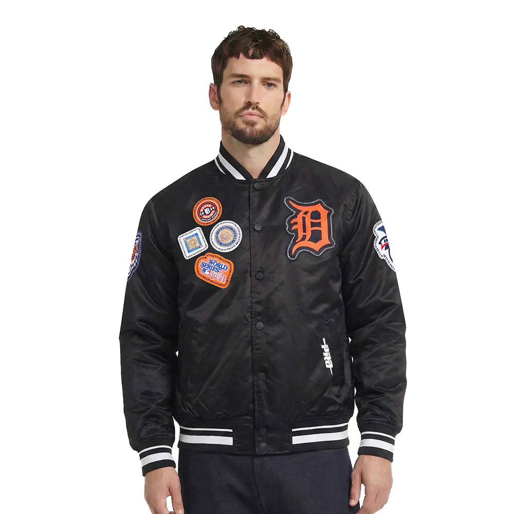 MLB DETROIT TIGERS DIY PICK STITCH MEN'S RIB SATIN JACKET (BLACK)