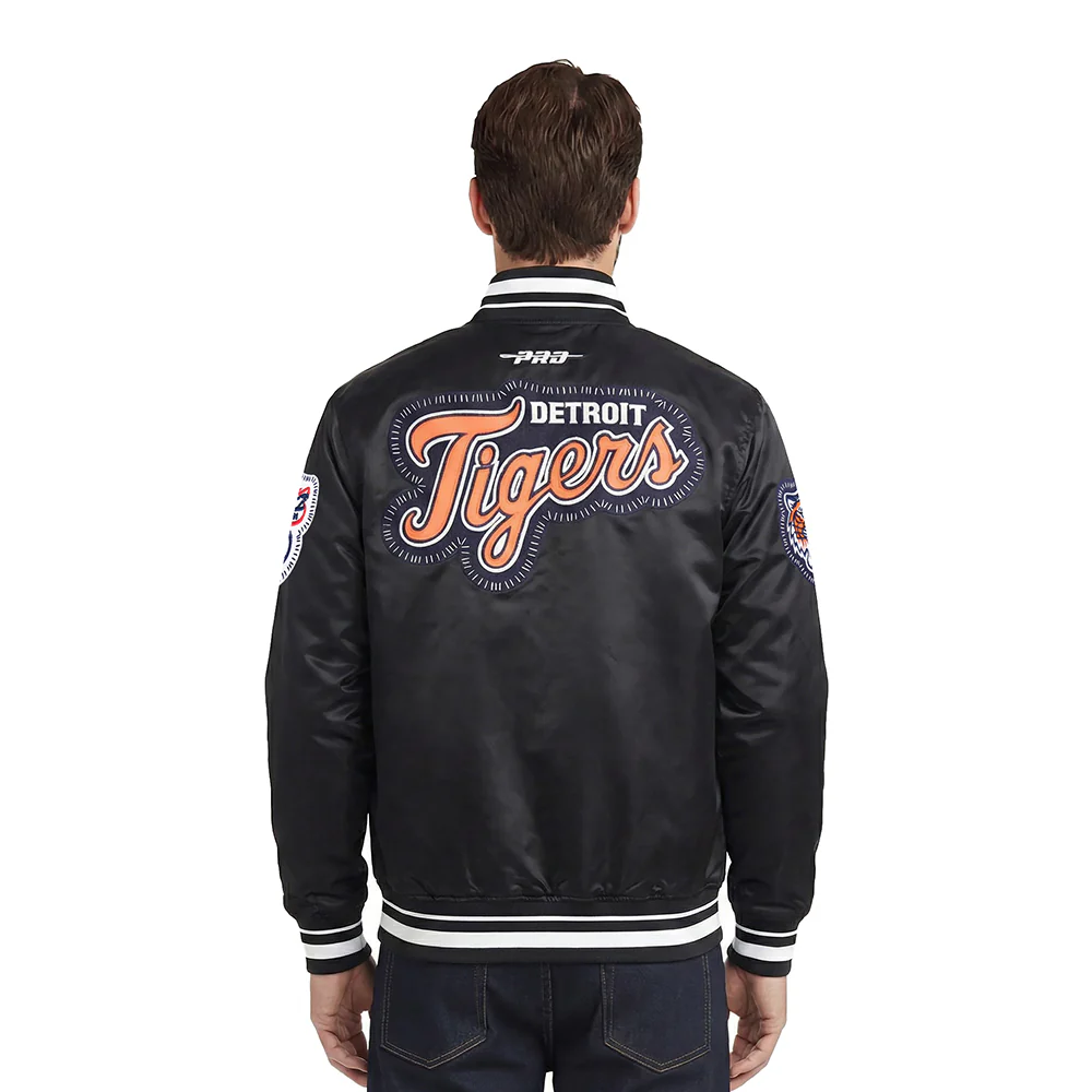 MLB DETROIT TIGERS DIY PICK STITCH MEN'S RIB SATIN JACKET (BLACK) - Image 2