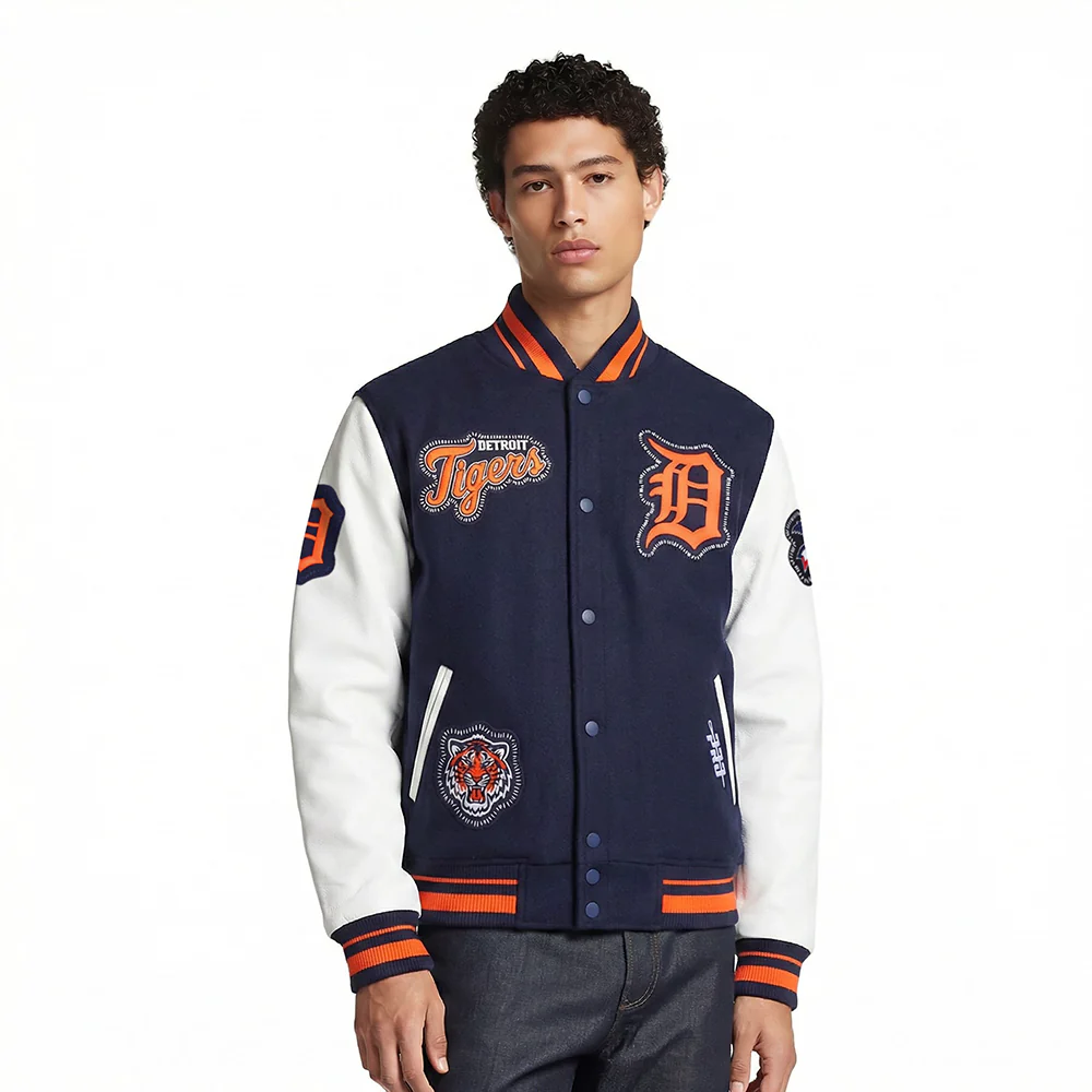 MLB DETROIT TIGERS DIY PICK STITCH MEN'S RIB WOOL VARSITY JACKET (MIDNIGHT NAVY/ORANGE/MIDNIGHT NAVY)