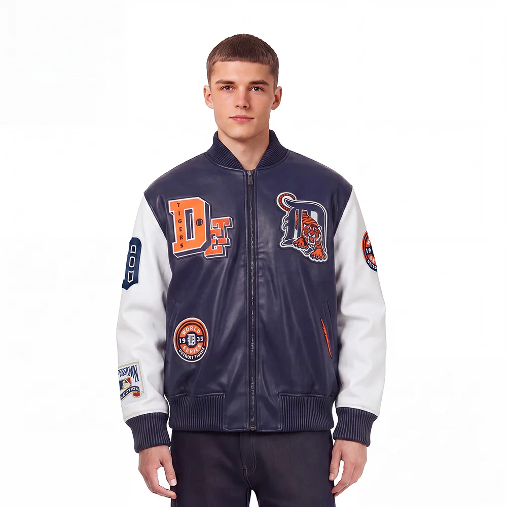 MLB DETROIT TIGERS BEST OF MEN'S LEATHER VARSITY JACKET (MIDNIGHT NAVY/WHITE)