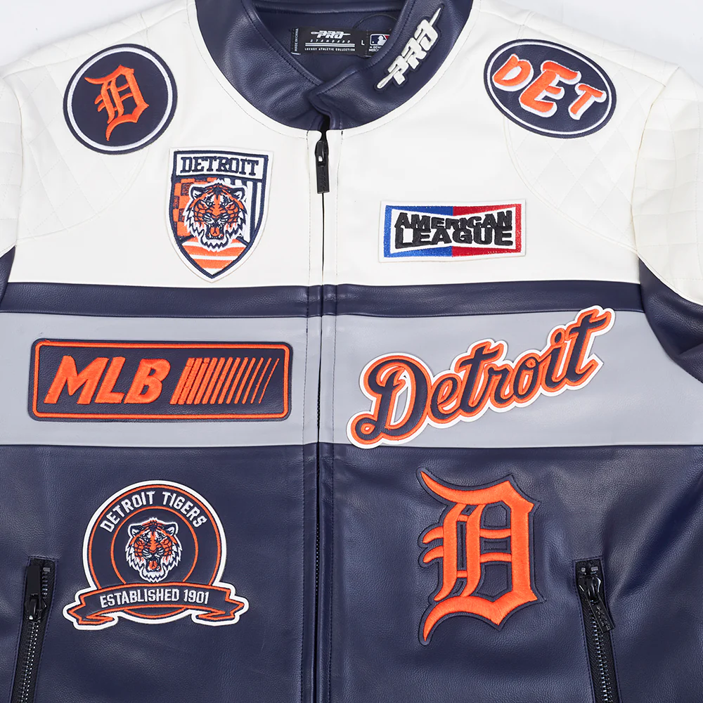 MLB DETROIT TIGERS MEN'S MOTO JACKET (EGGSHELL/ MIDNIGHT NAVY) - Image 5
