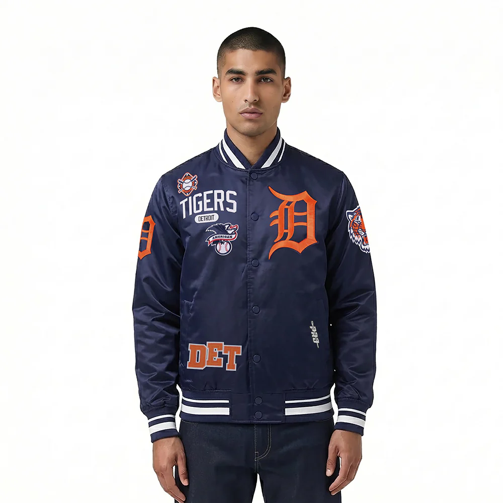MLB DETROIT TIGERS LETTERMAN MEN'S SATIN JACKET (MIDNIGHT NAVY)
