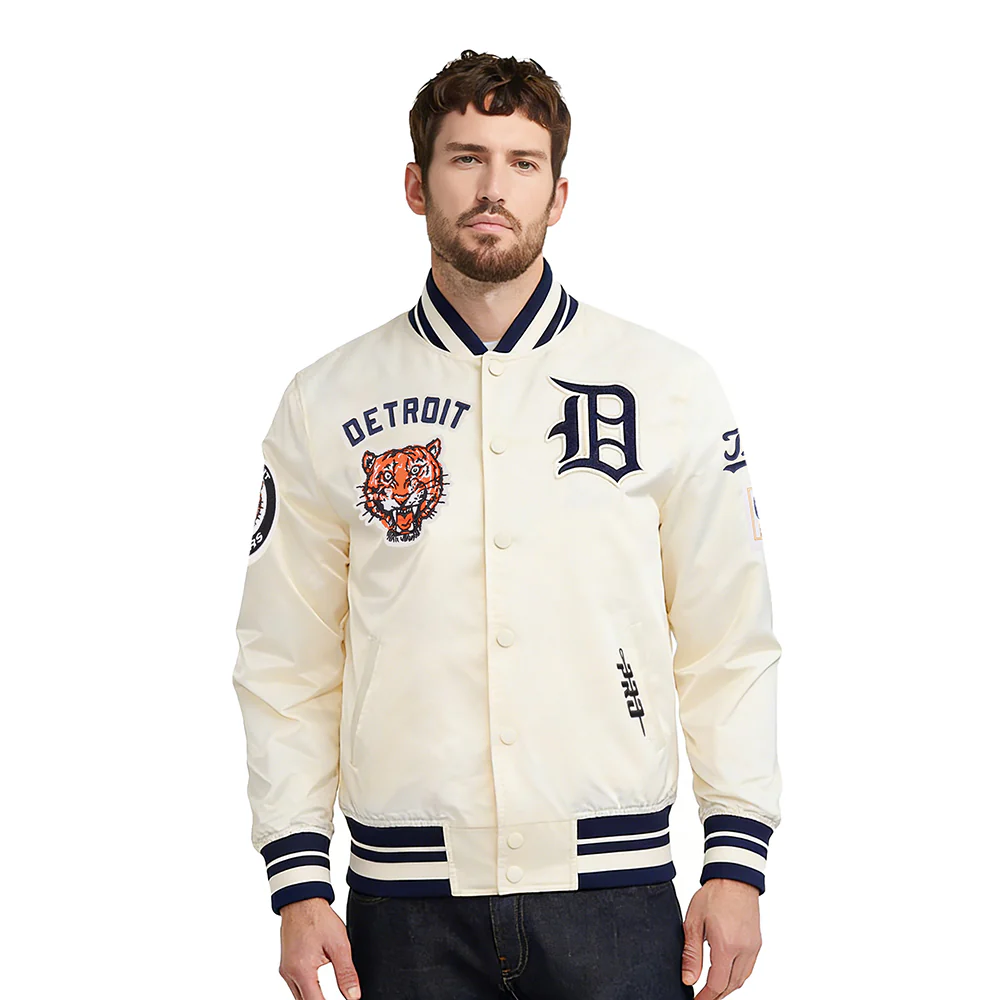 MLB DETROIT TIGERS RETRO CLASSICS MEN'S PRO SATIN YD RIB JACKET (EGGSHELL/ MIDNIGHT NAVY)