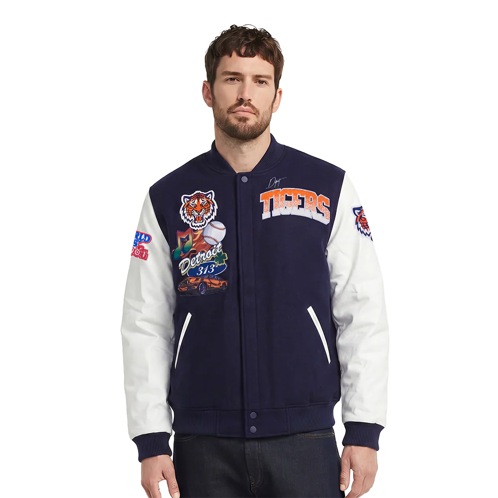 MLB DETROIT TIGERS HOME TOWN MEN'S VARSITY JACKET (MIDNIGHT NAVY/WHITE)