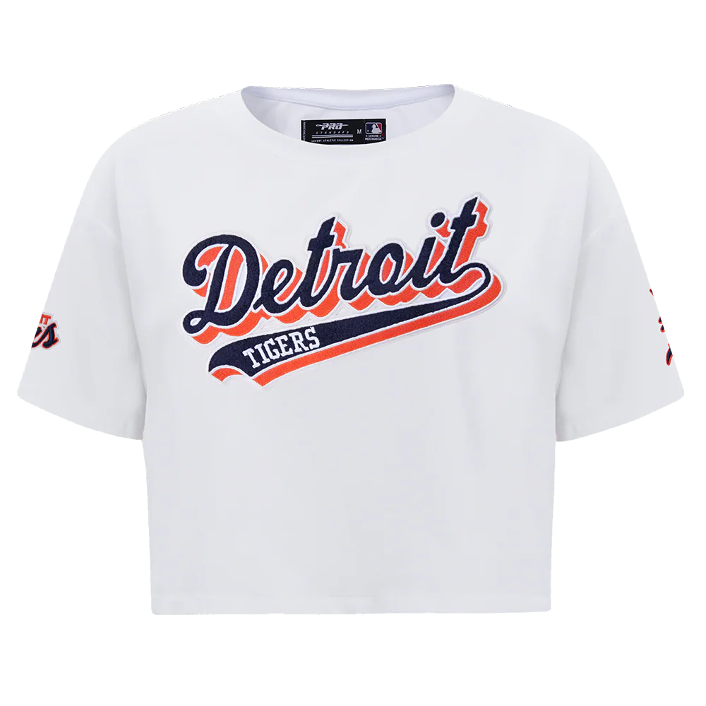 MLB DETROIT TIGERS SCRIPT TAIL WOMEN'S SINGLE JERSEY BOXY TOP (WHITE)