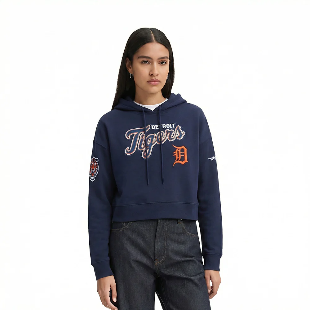 MLB DETROIT TIGERS GAME DAY CLASSICS WOMEN'S DOUBLE KNIT CROPPED PULLOVER HOODIE (MIDNIGHT NAVY)