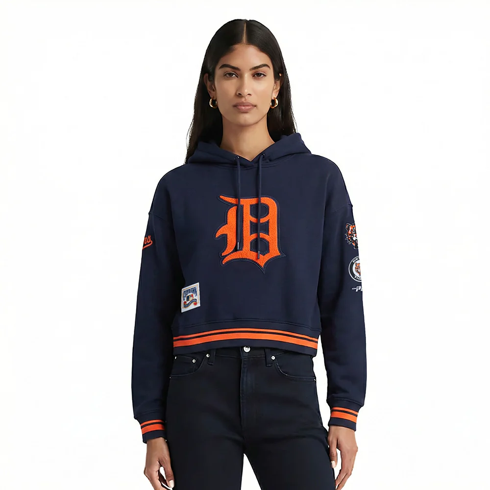 MLB DETROIT TIGERS RETRO CLASSICS WOMEN'S CROPPED PULLOVER HOODIE (MIDNIGHT NAVY/ORANGE/MIDNIGHT NAVY)