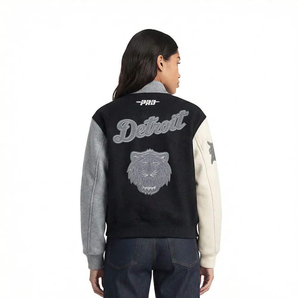 MLB DETROIT TIGERS REVERSE FRENCH TERRY WOMEN'S WOOL VARSITY JACKET (BLACK/GRAY/EGGSHELL) - Image 2