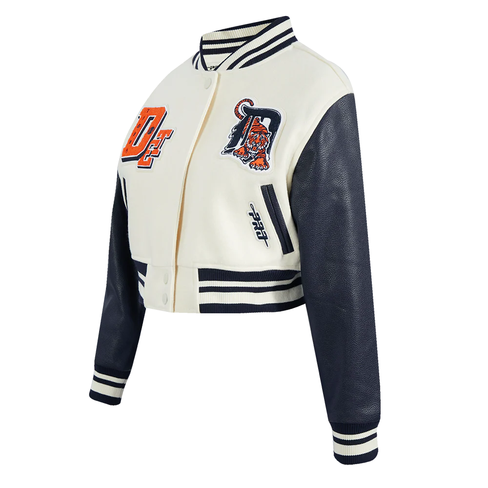 MLB DETROIT TIGERS BEST OF WOMEN'S CROPPED RIB WOOL VARSITY JACKET (EGGSHELL/ MIDNIGHT NAVY) - Image 4