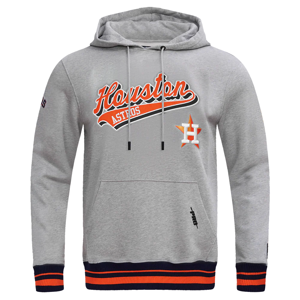 MLB HOUSTON ASTROS SCRIPT TAIL MEN'S RIB FLEECE PULLOVER HOODIE (HEATHER GREY/MIDNIGHT NAVY/ORANGE)