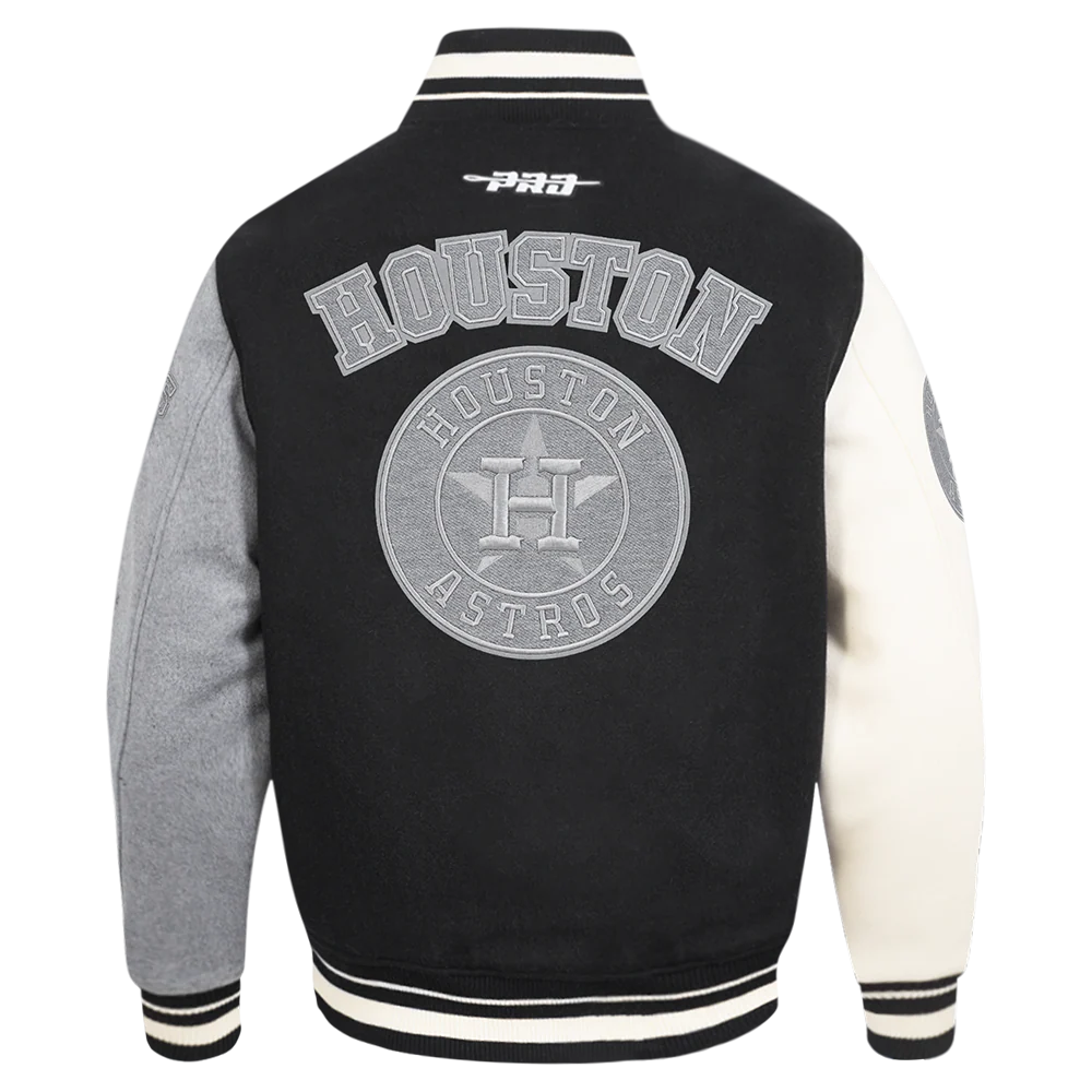 MLB HOUSTON ASTROS REVERSE FRENCH TERRY MEN'S COLOR BLOCK WOOL VARSITY JACKET (BLACK/GRAY/EGGSHELL) - Image 5