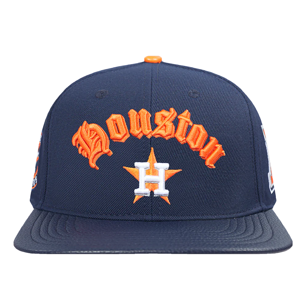 MLB HOUSTON ASTROS OLD ENGLISH UNISEX 6 PANEL LEATHER STRAPBACK (MIDNIGHT NAVY)