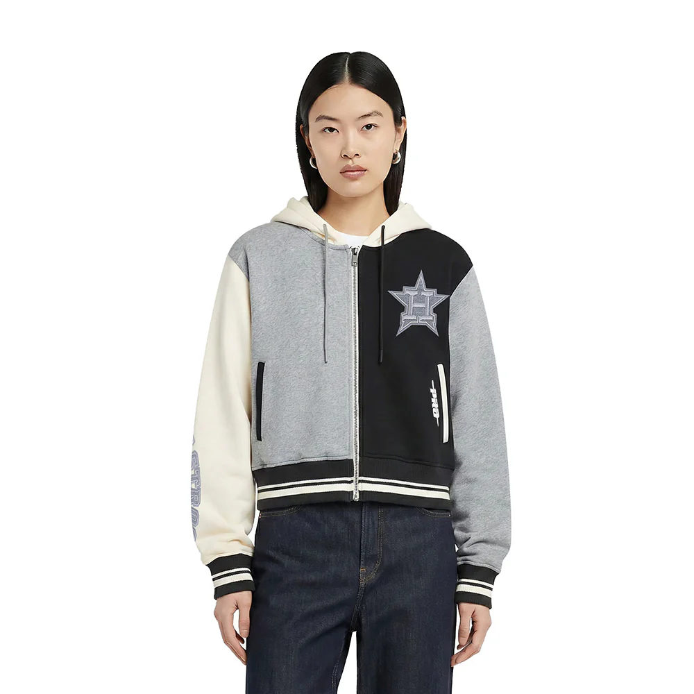 MLB HOUSTON ASTROS REVERSE FRENCH TERRY WOMEN'S COLORBLOCK FLC FZ HOOD (BLACK/GRAY/EGGSHELL)