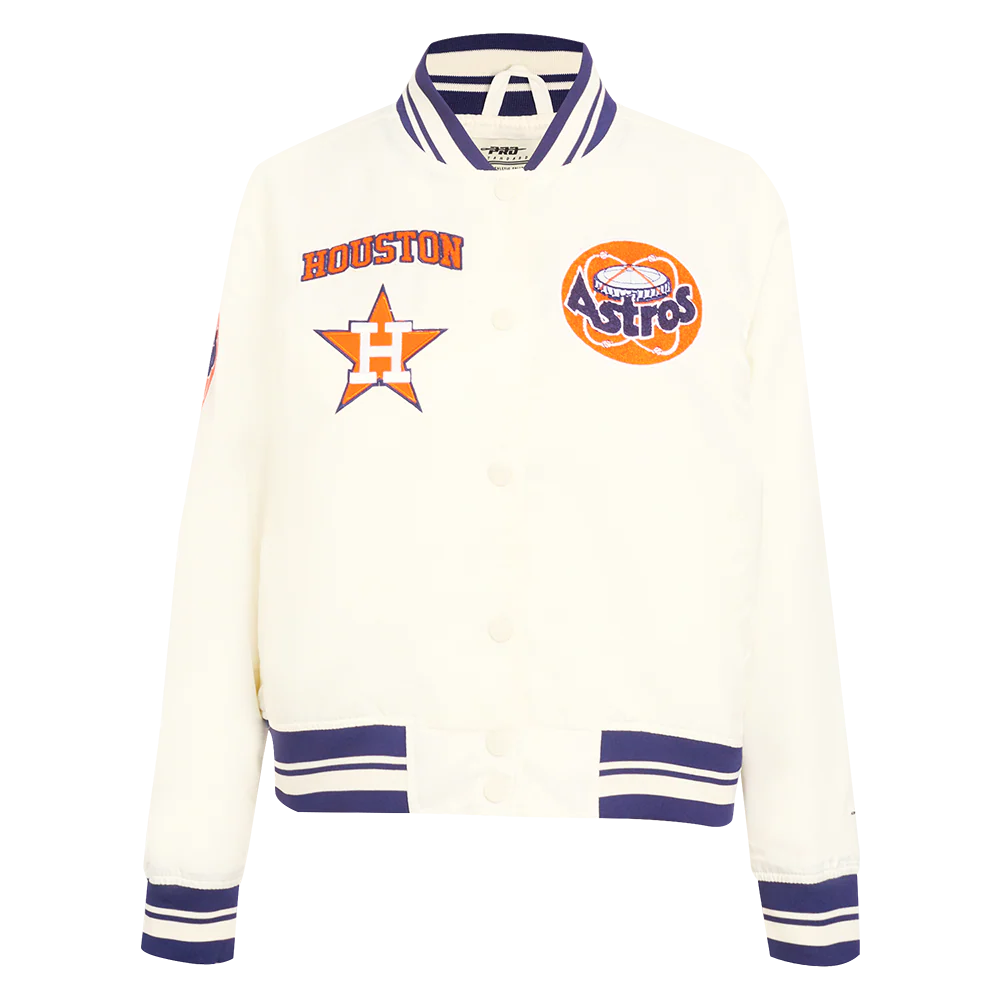 MLB HOUSTON ASTROS RETRO CLASSIC WOMEN'S RIB SATIN JACKET (EGGSHELL/ MIDNIGHT NAVY)