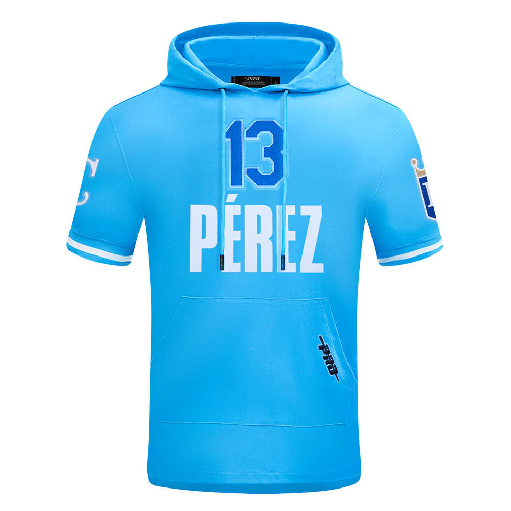 MLB KANSAS CITY ROYALS SALVADOR PEREZ #13 CLASSIC MEN'S SHORT SLEEVE PULLOVER HOODIE (UNIVERSITY BLUE)