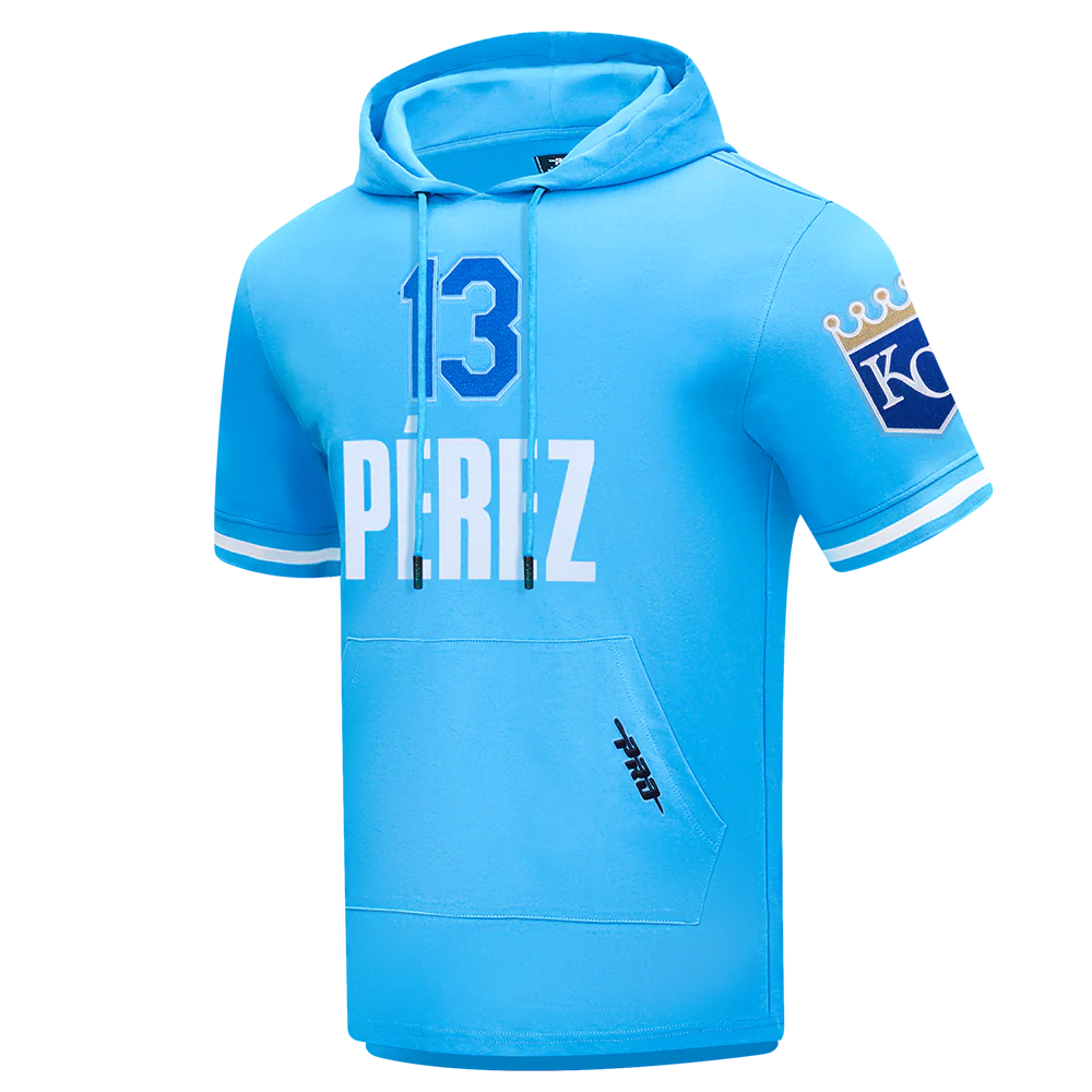 MLB KANSAS CITY ROYALS SALVADOR PEREZ #13 CLASSIC MEN'S SHORT SLEEVE PULLOVER HOODIE (UNIVERSITY BLUE) - Image 2