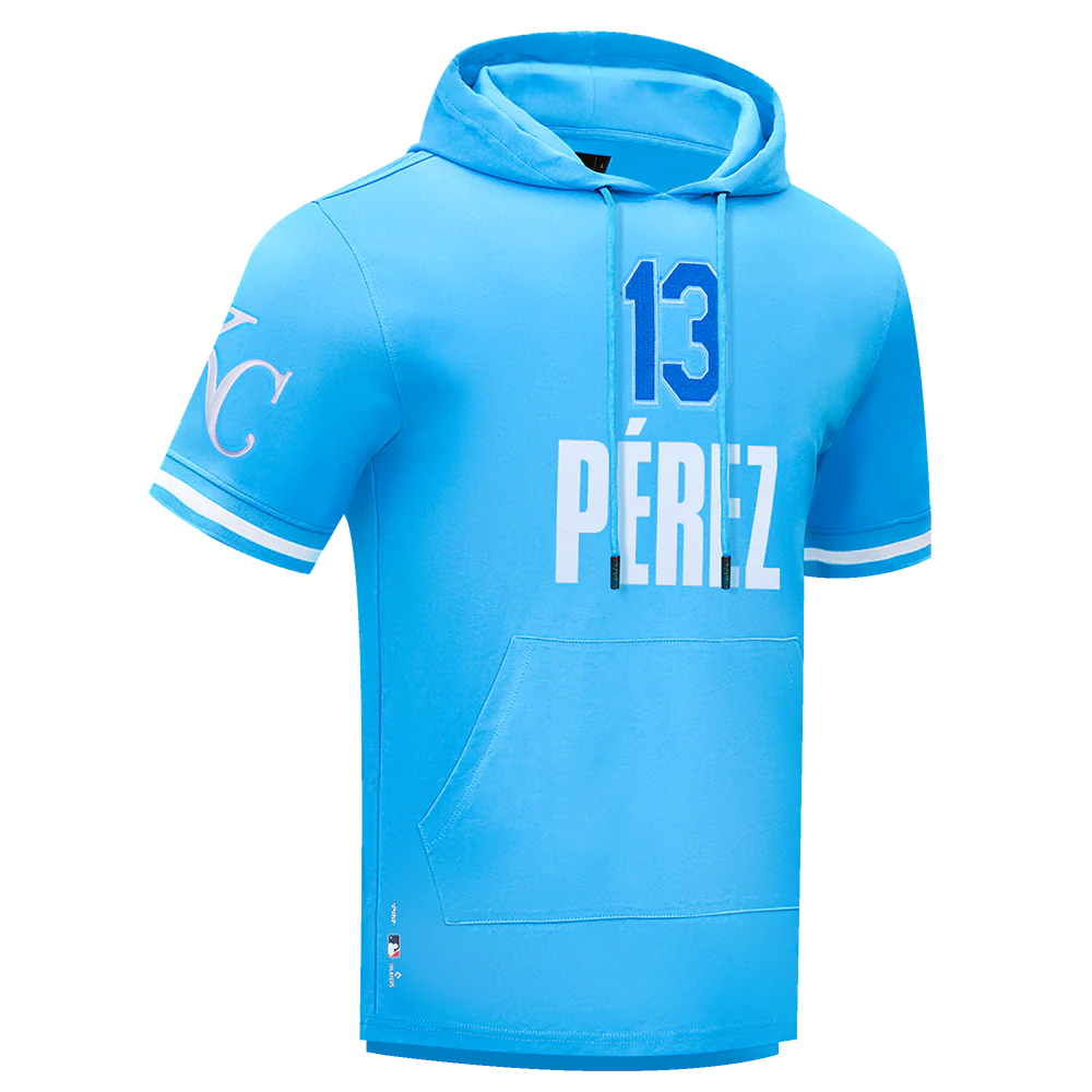 MLB KANSAS CITY ROYALS SALVADOR PEREZ #13 CLASSIC MEN'S SHORT SLEEVE PULLOVER HOODIE (UNIVERSITY BLUE) - Image 3