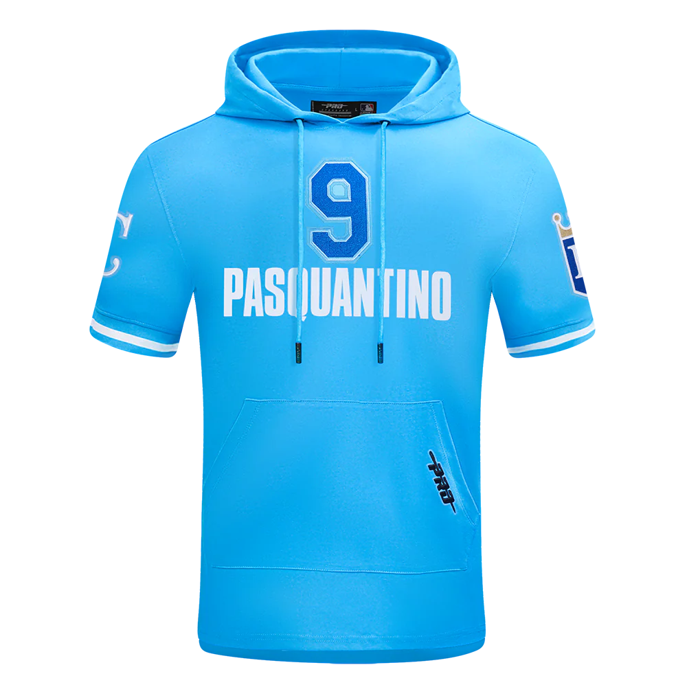 MLB KANSAS CITY ROYALS VINNIE PASQUANTINO #9 CLASSIC MEN'S SHORT SLEEVE PULLOVER HOODIE (UNIVERSITY BLUE)