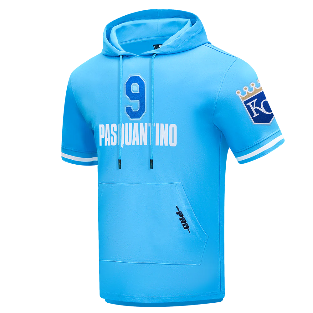 MLB KANSAS CITY ROYALS VINNIE PASQUANTINO #9 CLASSIC MEN'S SHORT SLEEVE PULLOVER HOODIE (UNIVERSITY BLUE) - Image 2