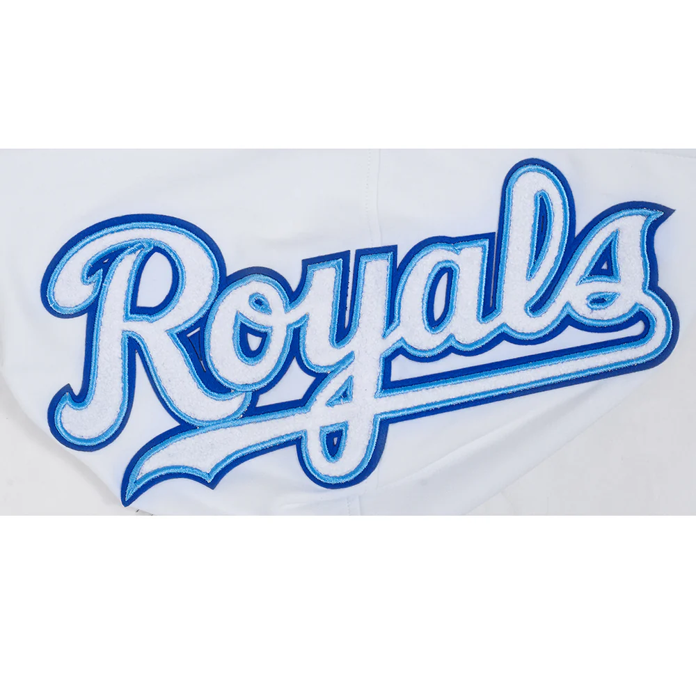 MLB KANSAS CITY ROYALS CLASSIC CHENILLE MEN'S DOUBLE KNIT SHORT SLEEVE PULLOVER HOODIE (WHITE/ROYAL BLUE) - Image 7