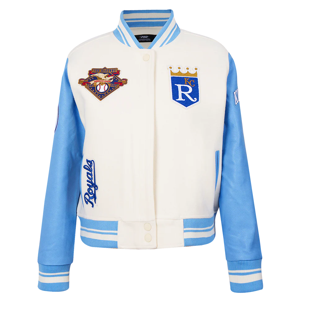 MLB KANSAS CITY ROYALS RETRO CLASSIC WOMEN'S RIB WOOL VARSITY JACKET (EGGSHELL/ UNIVERSITY BLUE)