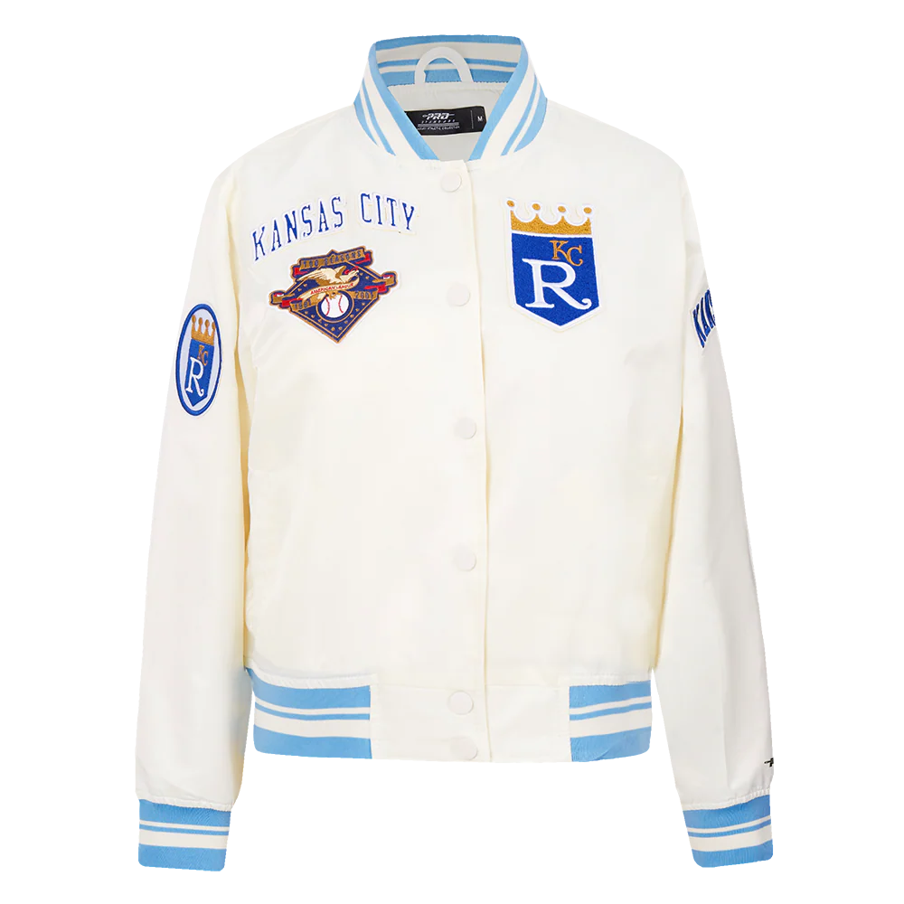 MLB KANSAS CITY ROYALS RETRO CLASSIC WOMEN'S RIB SATIN JACKET (EGGSHELL/ UNIVERSITY BLUE)