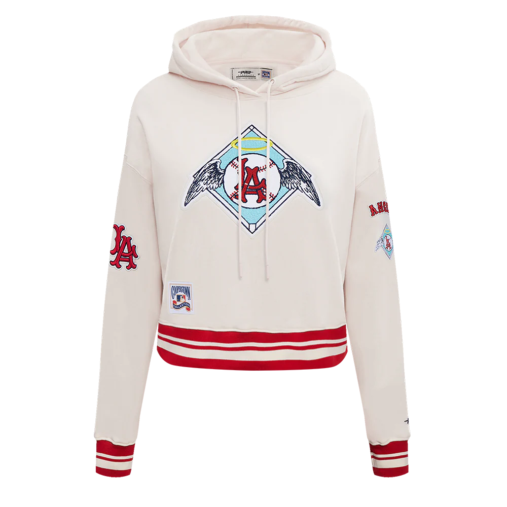 MLB LOS ANGELES ANGELS RETRO CLASSIC WOMEN'S RIB CROPPED PULLOVER HOODIE (EGGSHELL/ RED)