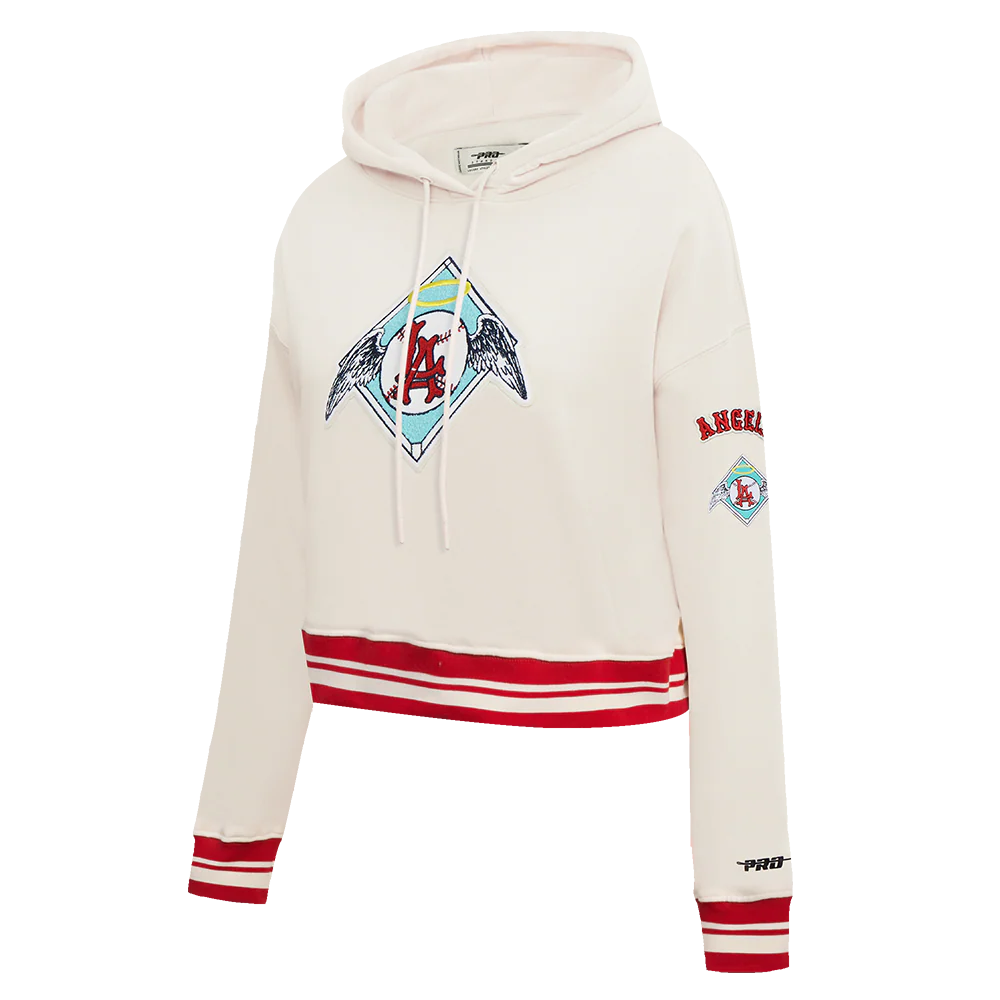 MLB LOS ANGELES ANGELS RETRO CLASSIC WOMEN'S RIB CROPPED PULLOVER HOODIE (EGGSHELL/ RED) - Image 2