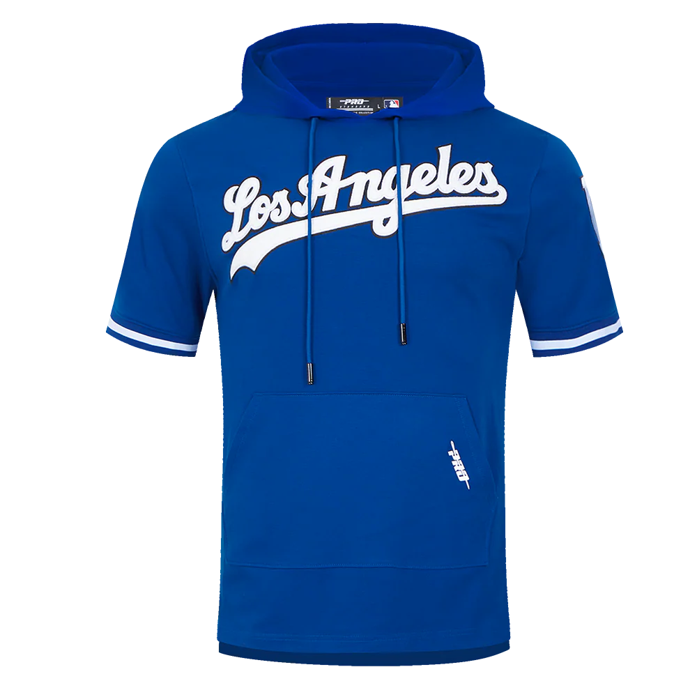MLB LOS ANGELES DODGERS CLASSIC CHENILLE MEN'S DOUBLE KNIT SHORT SLEEVE PULLOVER HOODIE (DOGERS BLUE)