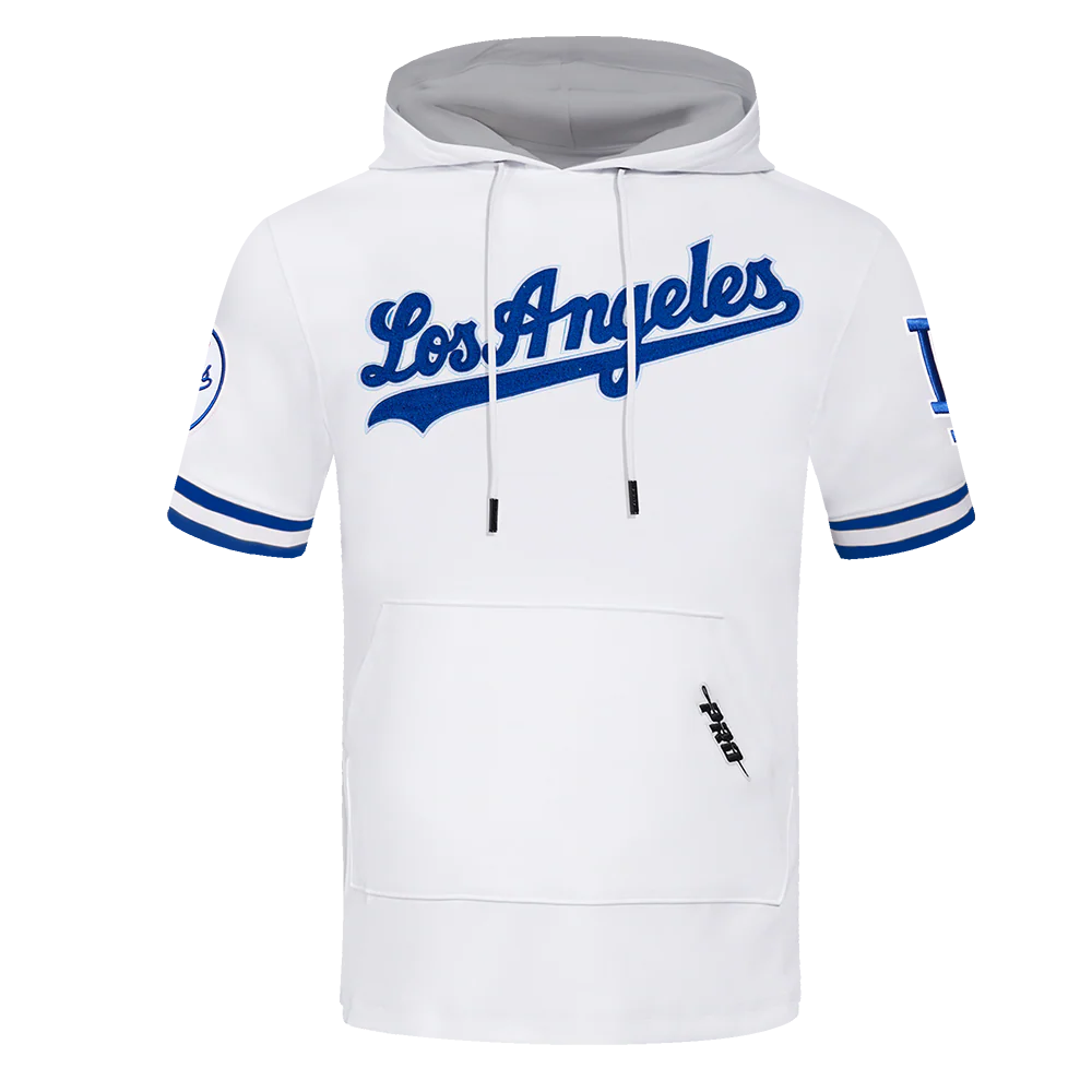 MLB LOS ANGELES DODGERS CLASSIC CHENILLE MEN'S DOUBLE KNIT SHORT SLEEVE PULLOVER HOODIE (WHITE/DODGER BLUE)