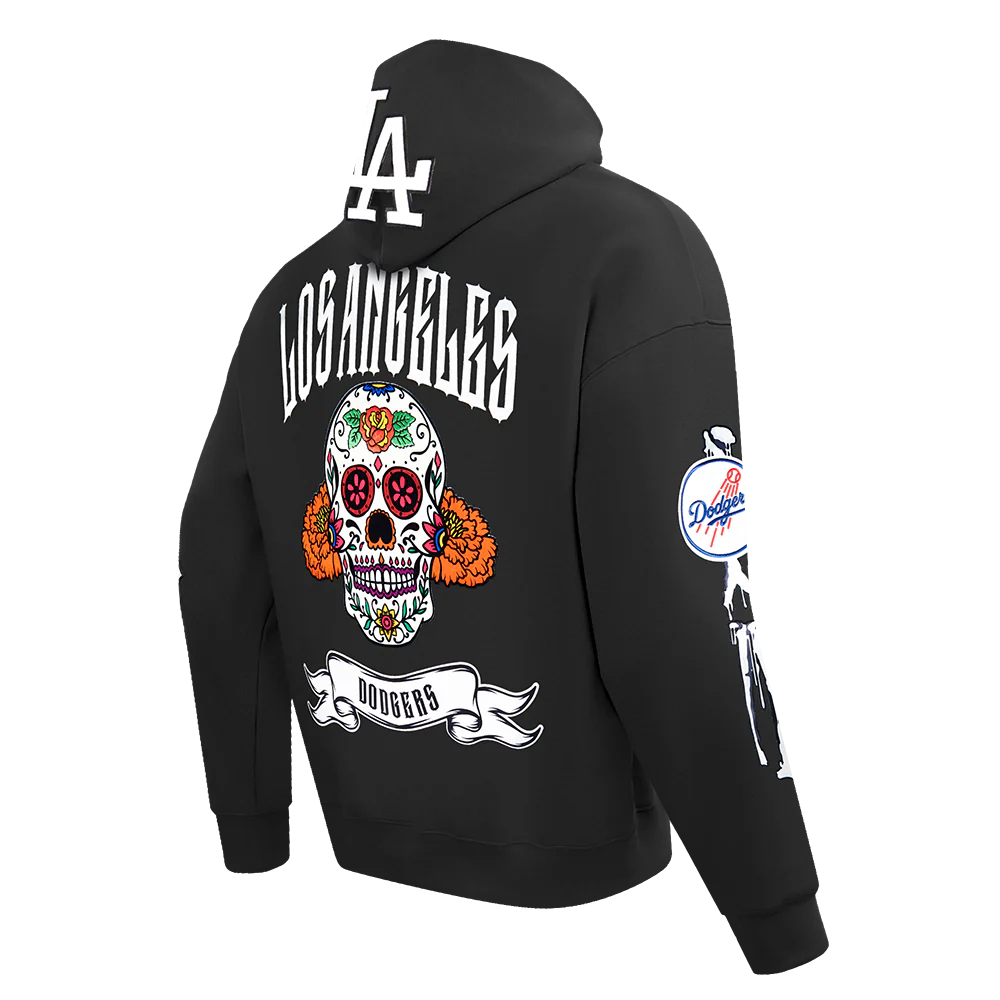 MLB LOS ANGELES DODGERS RIB CAGE MEN'S DROP SHOULDER FLEECE PULLOVER HOODIE (BLACK) - Image 3