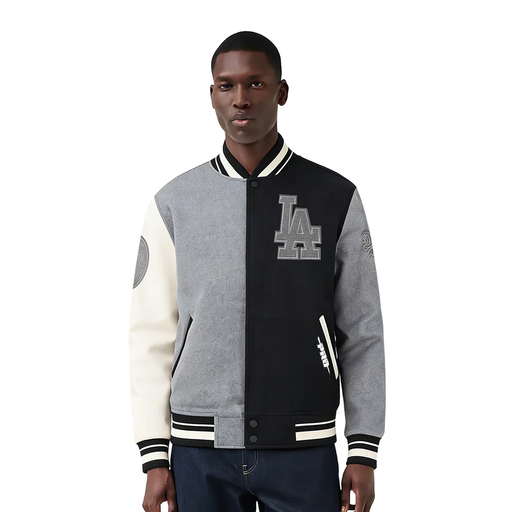 MLB LOS ANGELES DODGERS REVERSE FRENCH TERRY MEN'S COLOR BLOCK WOOL VARSITY JACKET (BLACK/GRAY/EGGSHELL)