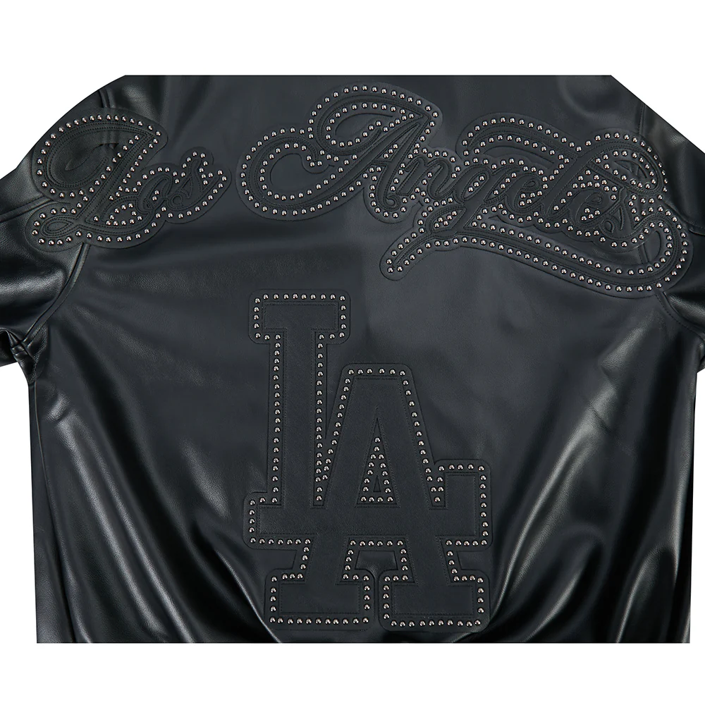 MLB LOS ANGELES DODGERS BLACKOUT MEN'S LEATHER VARSITY JACKET (JET BLACK) - Image 5