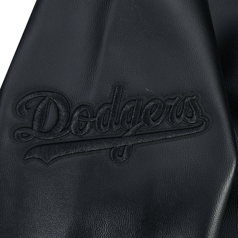 MLB LOS ANGELES DODGERS BLACKOUT MEN'S LEATHER VARSITY JACKET (JET BLACK) - Image 7