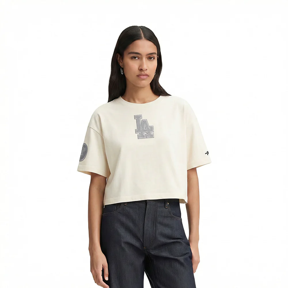 MLB LOS ANGELES DODGERS REVERSE FRENCH TERRY WOMEN'S SINGLE JERSEY BOXY TOP (EGGSHELL)