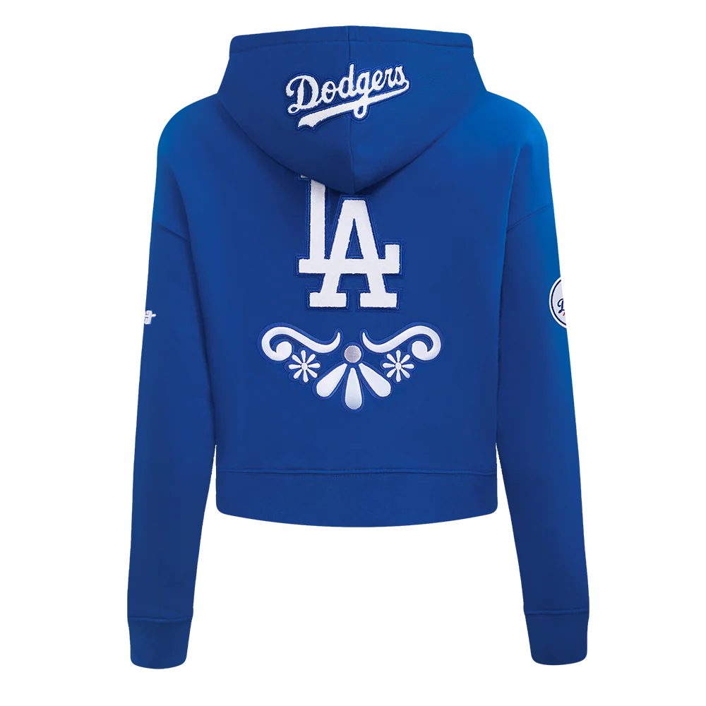 MLB LOS ANGELES DODGERS SUGAR SKULL WOMEN'S FLEECE CROPPED PULLOVER HOODIE (DODGER BLUE) - Image 4